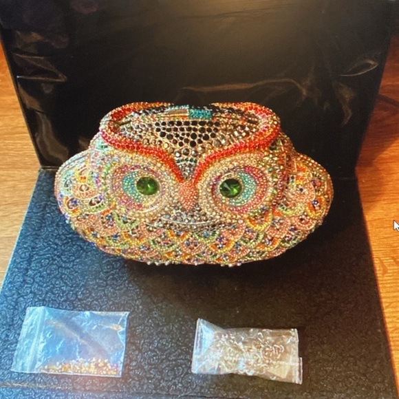 Bejeweled Owl Fancy Dinner Bag - Multi Colored Gemstone Owls Face - New Silk Box - Picture 5 of 12